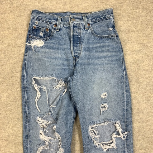 Levis Jeans Womens 25 Blue Pants 501 Button Fly Light Destroyed American Denim - Picture 3 of 16